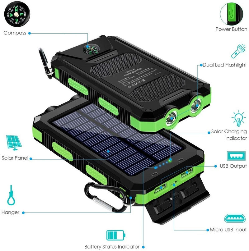 Caregador portatil de energia solar com luz  de led extra forte a prova d´agua